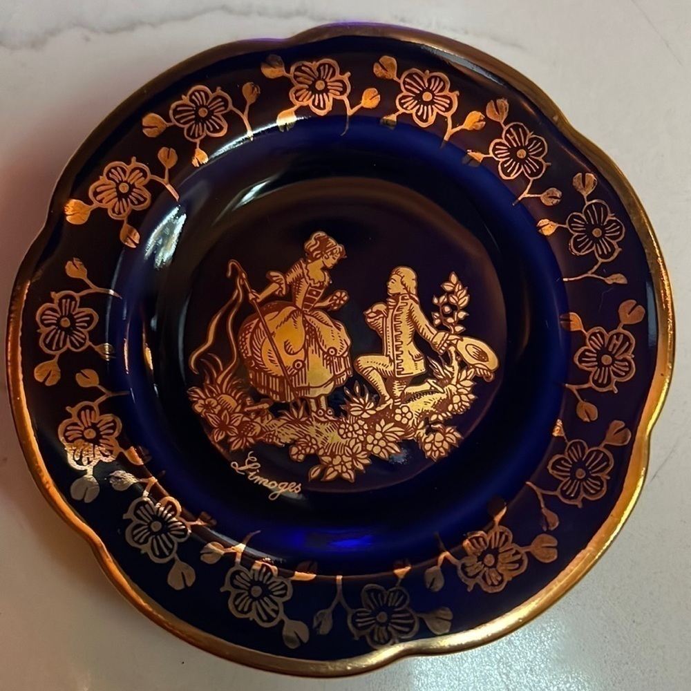 Limoges Castel Cobalt Blue Porcelain Gold Pattern 3.25” Made in France